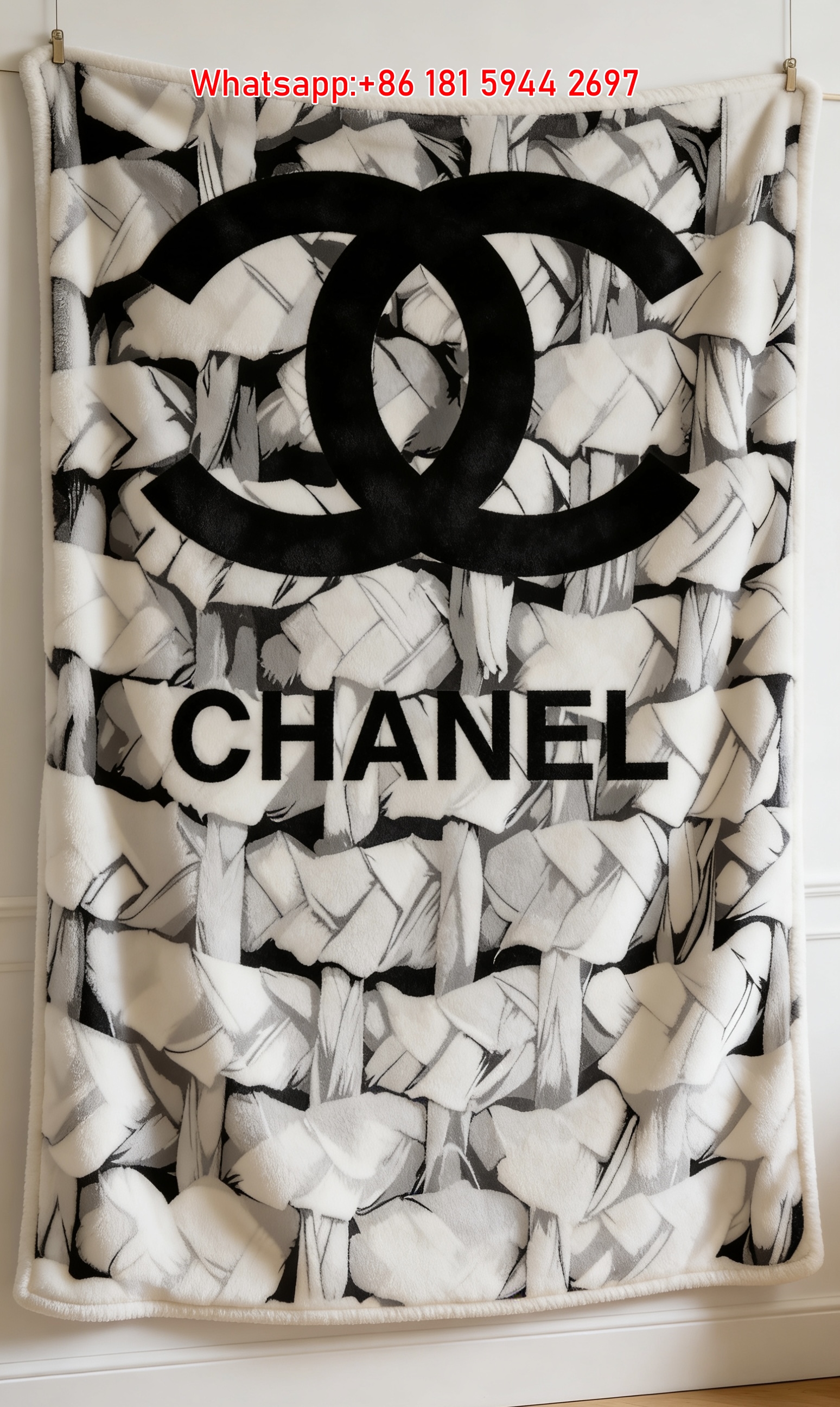 Chanel Monochrome Floral CC Logo Flannel Sofa Throw Blanket IMG_6820